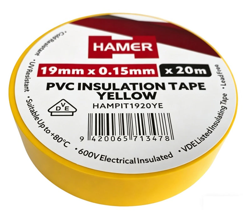 PVC Ins Tape 19mm x 0.15mm Yellow 20m (Pkt8)