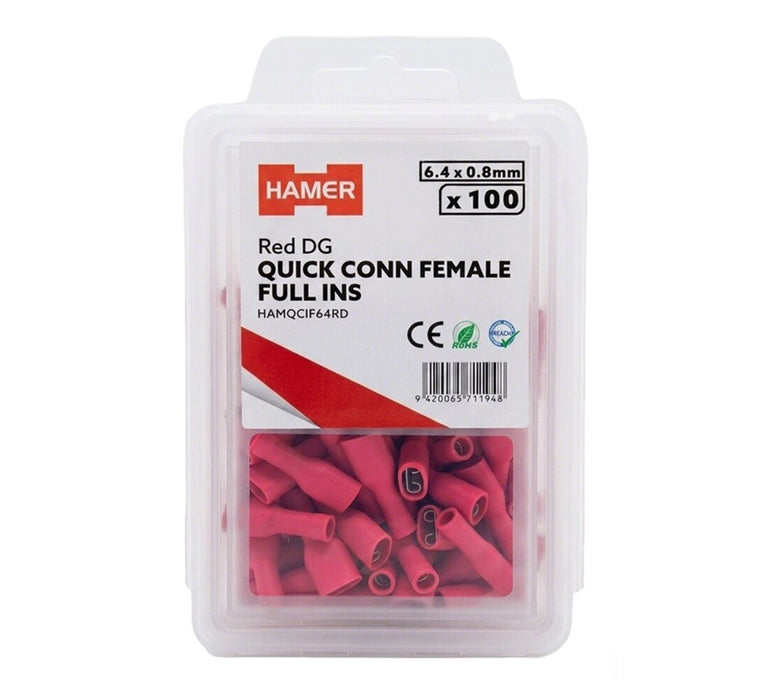 Quick Conn Female Full Ins 6.4 x 0.8mm Red DG (Pkt100)