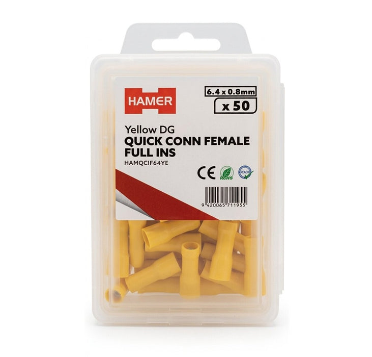 Quick Conn Female Full Ins 6.4 x 0.8mm Yellow DG (Pkt50)