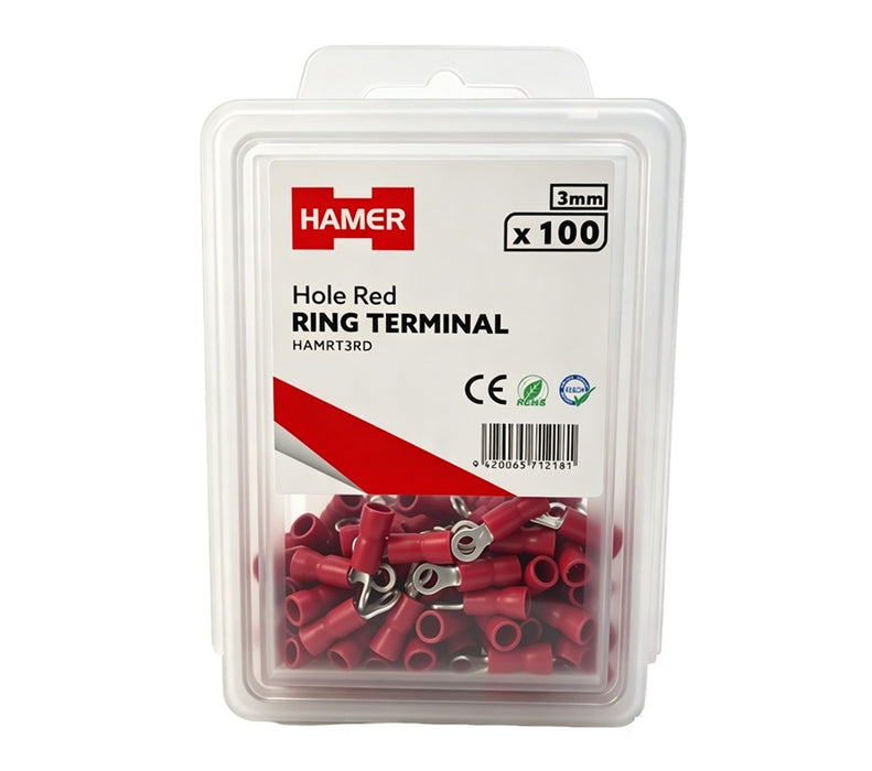 Ring Terminal 3mm Hole Red (Pkt 100)