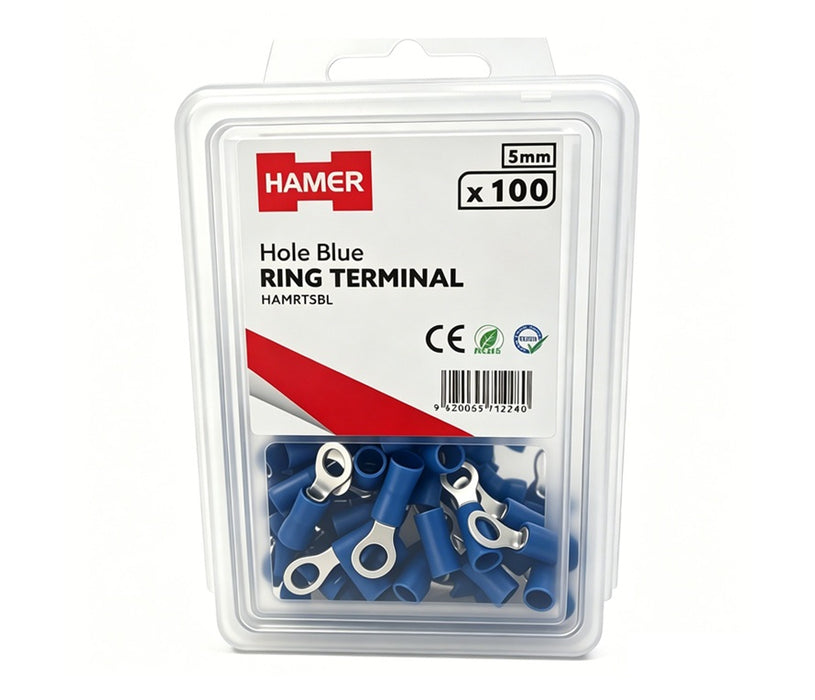 Ring Terminal 5mm Hole Blue (Pkt 100)