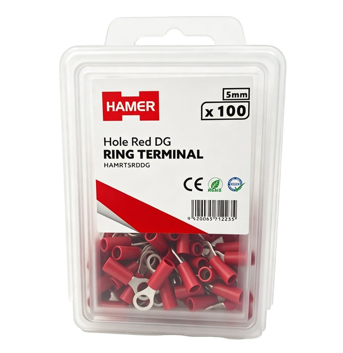 Ring Terminal 5mm Hole Red DG (Pkt100)