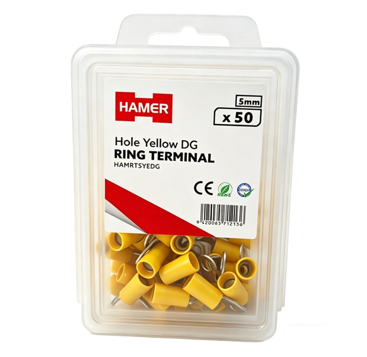 Ring Terminal 5mm Hole Yellow DG (Pkt50)