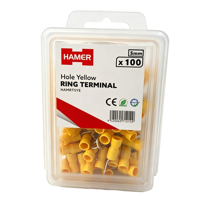 Ring Terminal 5mm Hole Yellow (Pkt 100)