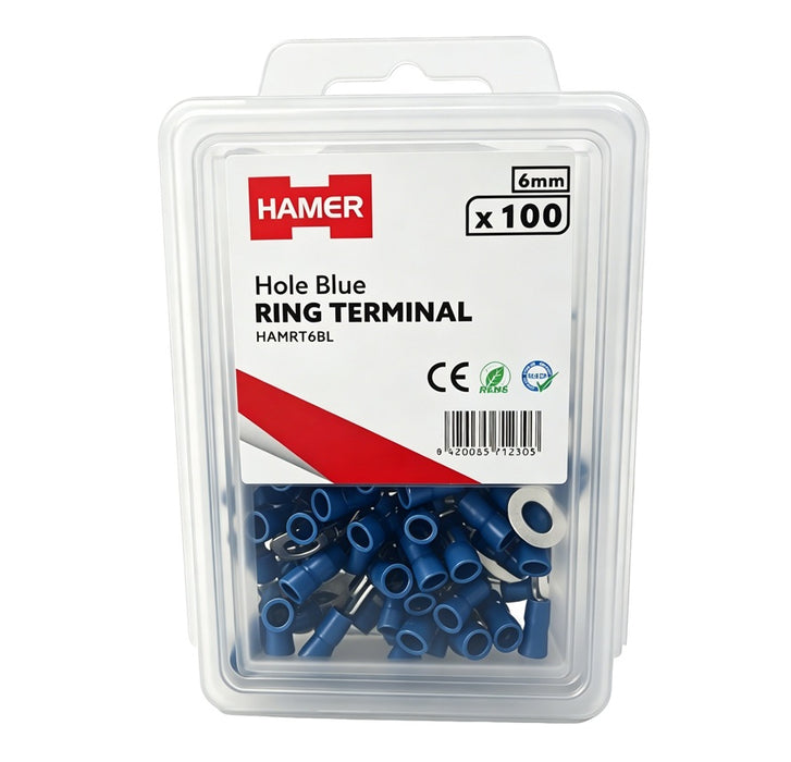 Ring Terminal 6mm Hole Blue (Pkt 100)