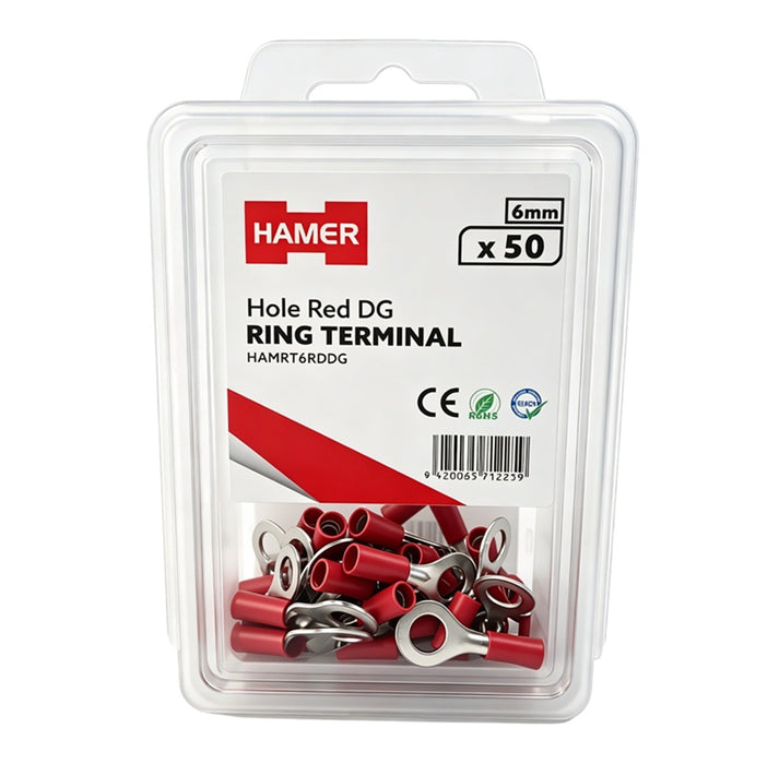 Ring Terminal 6mm Hole Red DG (Pkt50)