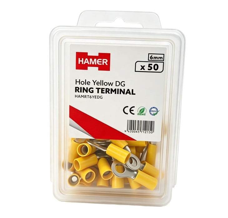 Ring Terminal 6mm Hole Yellow DG (Pkt50)