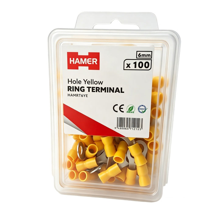 Ring Terminal 6mm Hole Yellow (Pkt 100)