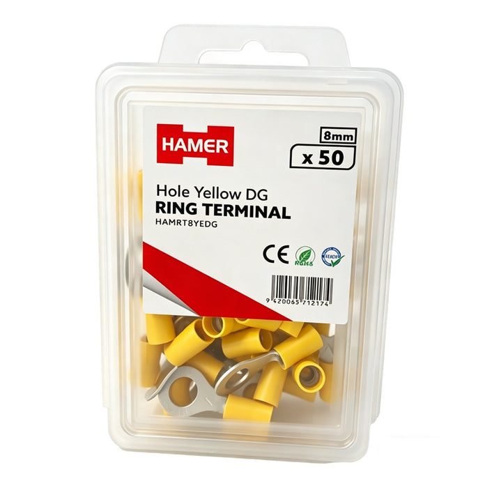 Ring Terminal 8mm Hole Yellow DG (Pkt50)