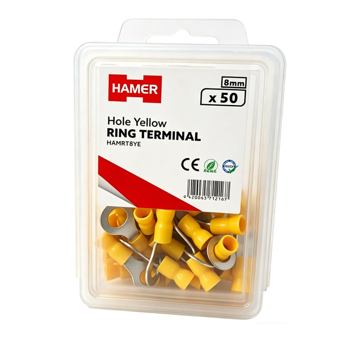 Ring Terminal 8mm Hole Yellow (Pkt 50)