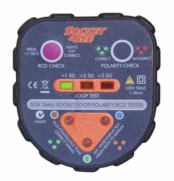 Socket Tester Earth Loop Polarity 30mA RCD Checker