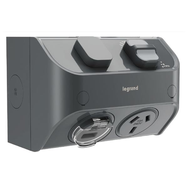 Aqua Life Sw Socket Single 10A Surf Mnt USB Cement Grey IP53