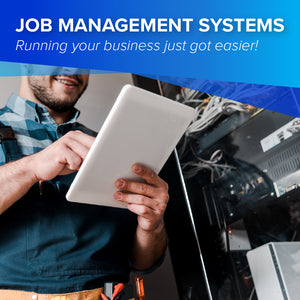 Person using a tablet with text about job management systems on a blue background