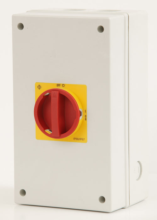 Isolator 100A 3P Plastic Encl P/Lock Red/Yellow Handle IP65