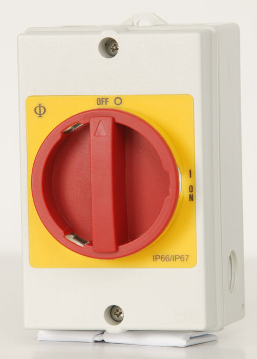 Isolator 25A 3P Plastic Encl P/Lock Red/Yellow Handle IP65