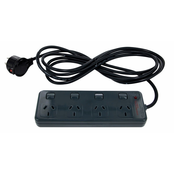 Power Board 4Way 10A Switched with Surge Charcoal