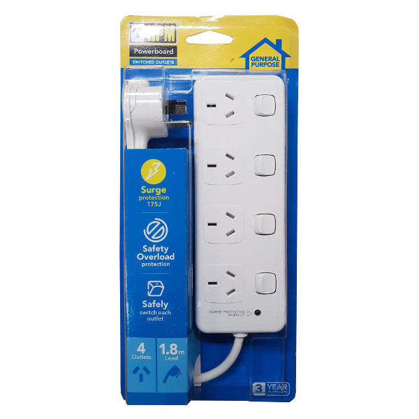 Power Board 4Way 10A Switch Surge Protect White