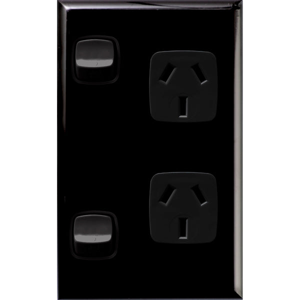 XLP Sw Socket Dbl 10A Vert Black Gloss