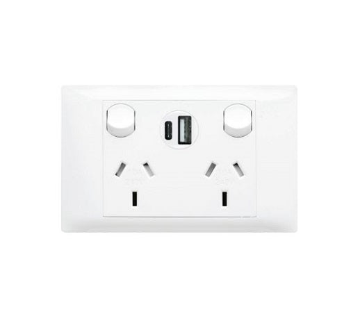 Excel Life Common Sw Socket Dbl 10A W/Int USB Charger White