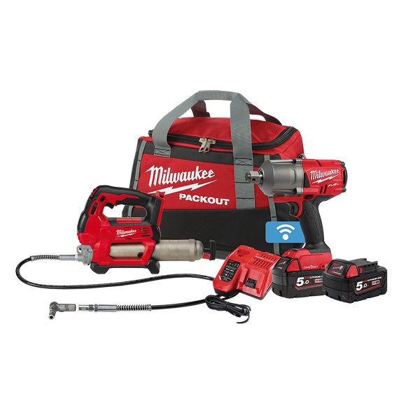 M18 Fuel Torque Impact Wrench and Grease Gun 2x 5Ah Kit