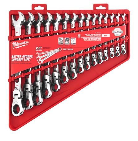 Ratcheting SAE Combination Wrench Flex Head Set 15pc