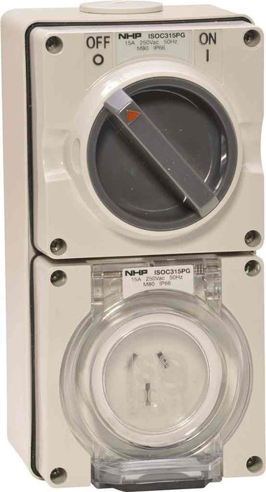 ISO Switched Socket 3Pin 15A 250V 1Ph Deep Base Grey