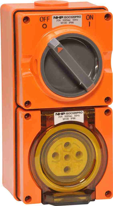 ISO Switched Socket 5Pin 20A 500V 3Ph Resistant Orange