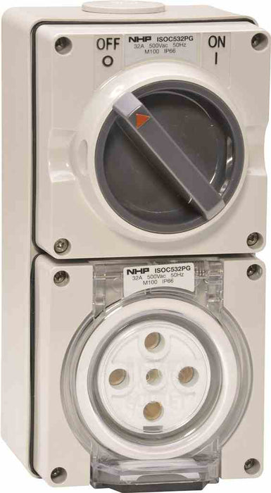ISO Switched Socket 5Pin 32A 500V 3Ph Grey