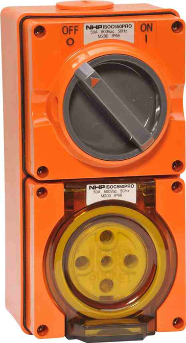 ISO Switched Socket 5Pin 50A 500V 3Ph Resistant Orange