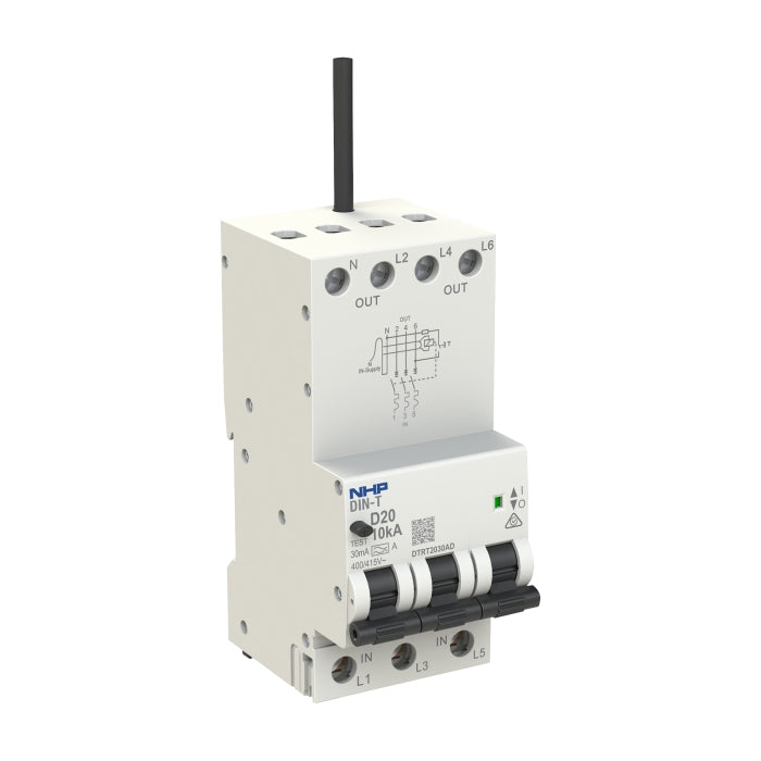 DIN-T RCBO 3P+N 20A 10kA D-Curve 30mA Type A Longbody 54mm