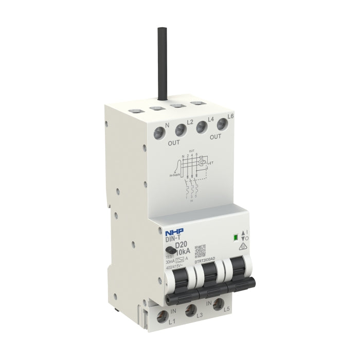 DIN-T RCBO 3P+N 50A 10kA D-Curve 100mA Type A Longbody 54mm