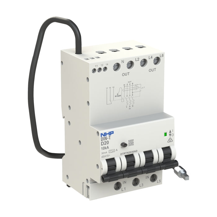 DIN-T RCBO 3P+N 20A 10kA D-Curve 30mA Type A Longbody 72mm