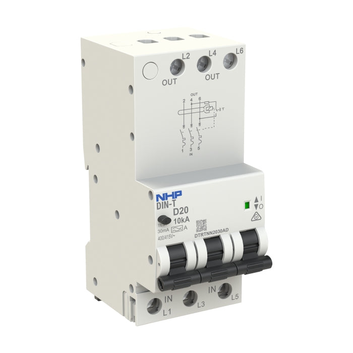 DIN-T RCBO 3P 16A 10kA D-Curve 100mA Type A Longbody 54mm
