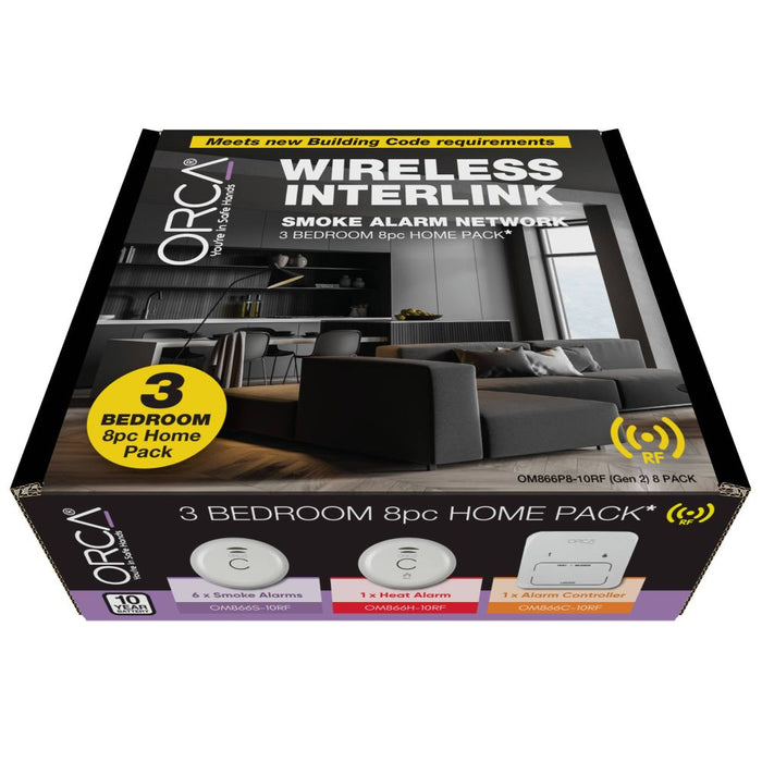 Orca Smoke Alarm 3 Bed Home Pack 10yr Wireless OM866P8-10RF
