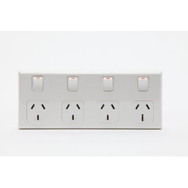 Switched Socket 4Way 3x 10A 1x 15A Horiz White