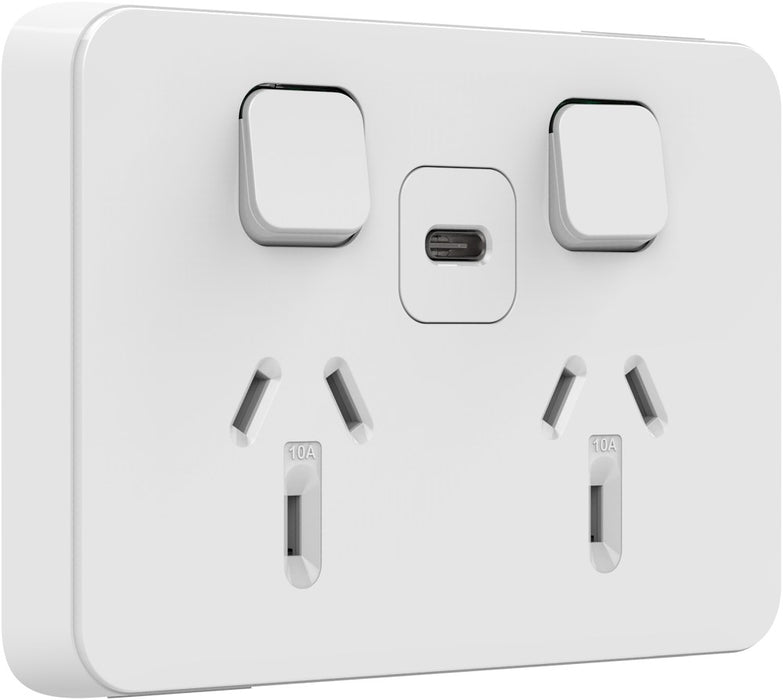 Iconic Switched Socket DblHoriz USB C Type Fast White