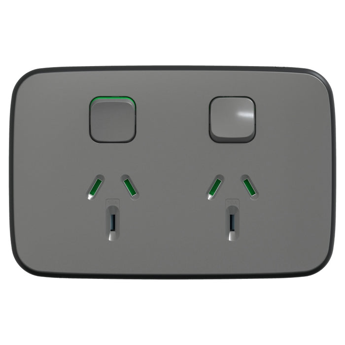 Iconic Essence Sw Socket 10A Double Horizontal Ash Grey
