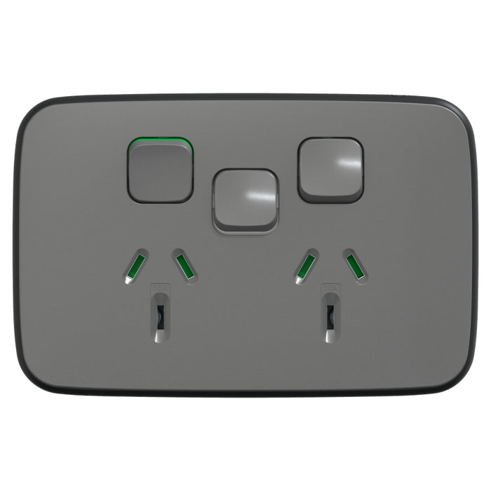 Iconic Essence Sw Socket 10A Double Horiz Extra Sw Ash Grey