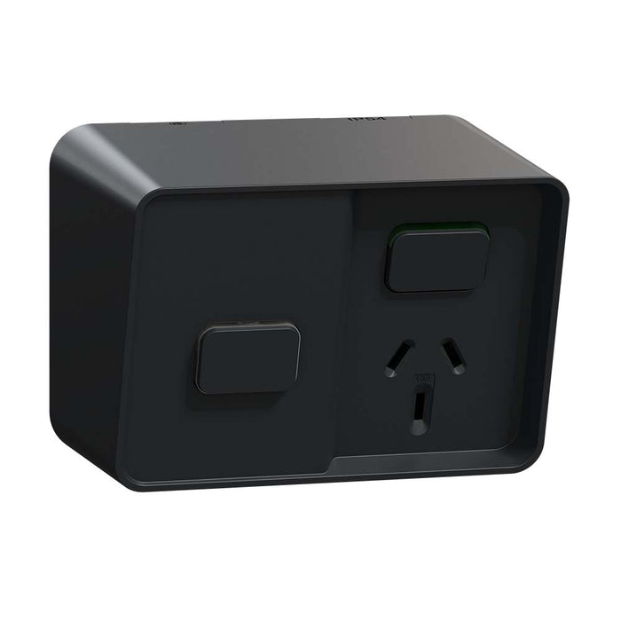 Iconic Outdoor Connected Switched Socket Sgl 10A Black IP54