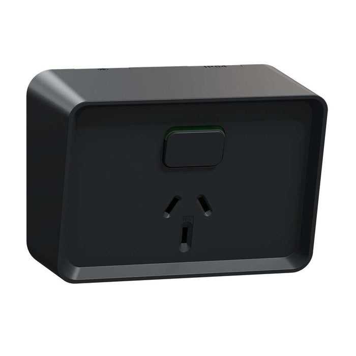 Iconic Outdoor Switched Socket 10A Single Horiz Black IP54