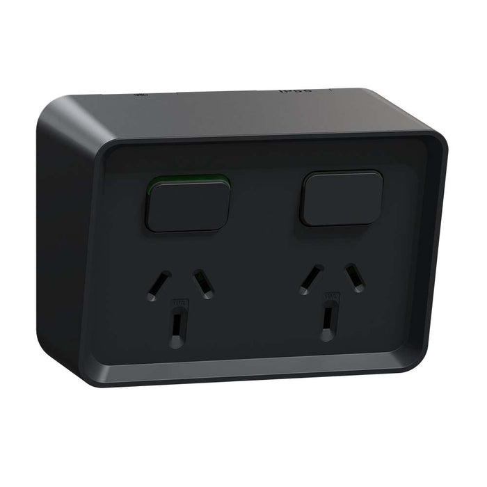 Iconic Outdoor Switched Socket 10A Double Horiz Black IP54