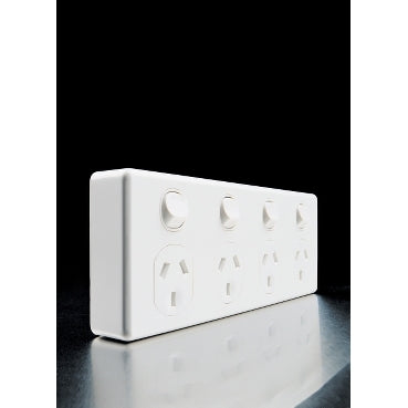 Switch Socket 10A 4Gang DP Horiz Shutters White