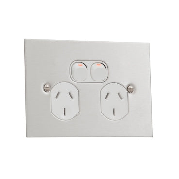 BSL Switched Socket Double Horiz Flat S/Steel White
