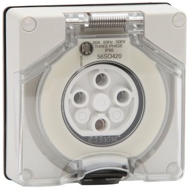 Socket Outlet 4Pin 20A 500V 3Ph IP66 Grey