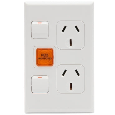 Switched Socket 10A Double Vert RCD On Indicator White