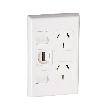 Switched Socket Dbl Vert with USB Charger White