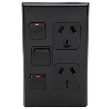 Switched Socket 10A Double Vert Extra Switch Black