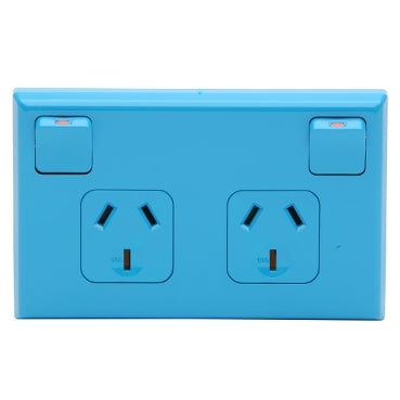 Switched Socket 10A Double Horz Blue