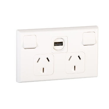 Switched Socket Dbl Horiz with USB Charger White