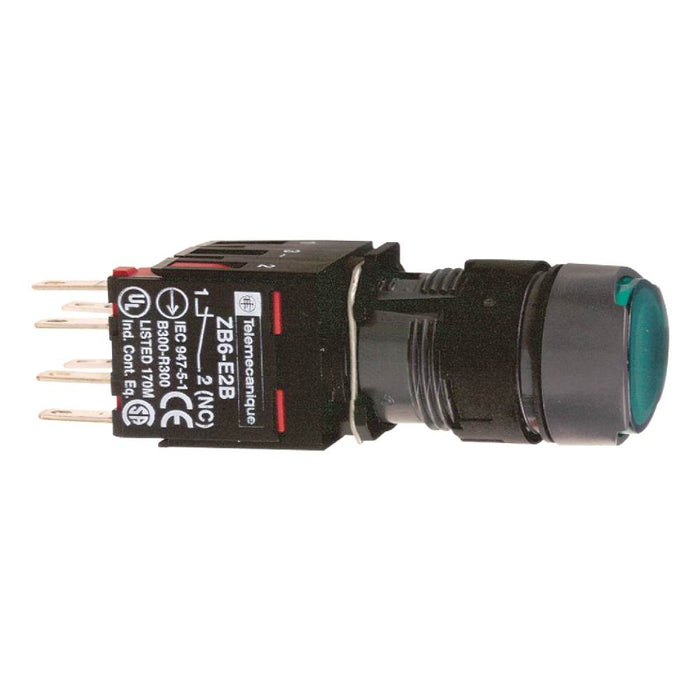 XB6 Pbutton Illum Flush Spring Return 16mm Green 1NO 12-24V